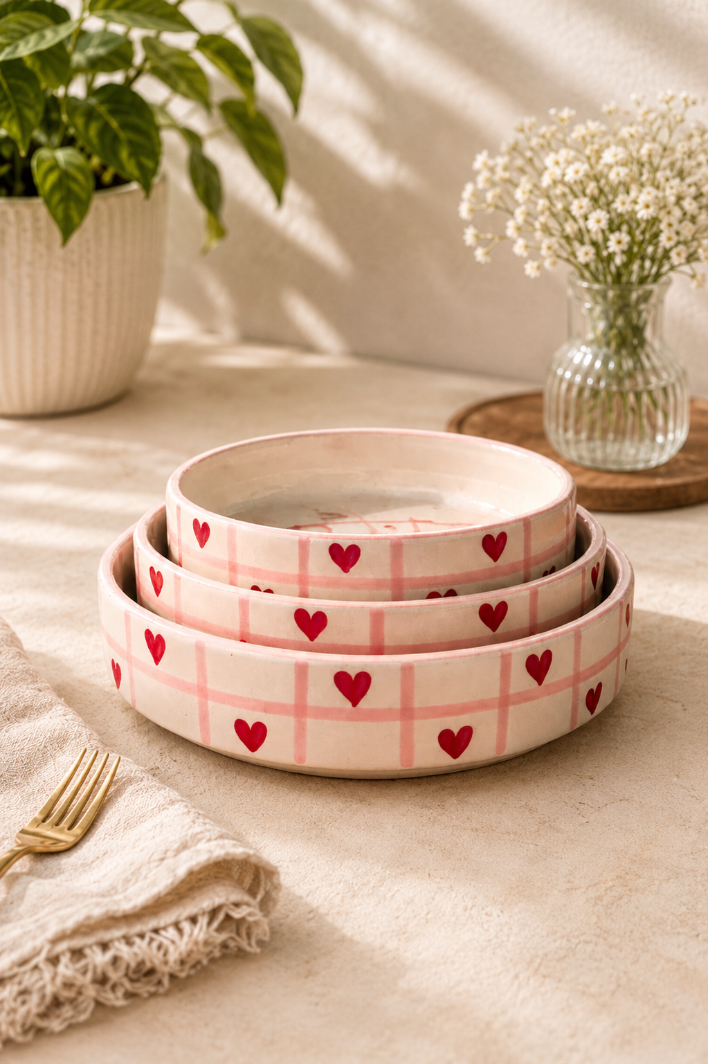 Heart Motif Ceramic Serving & Salad Bowl Set (Set of 3)