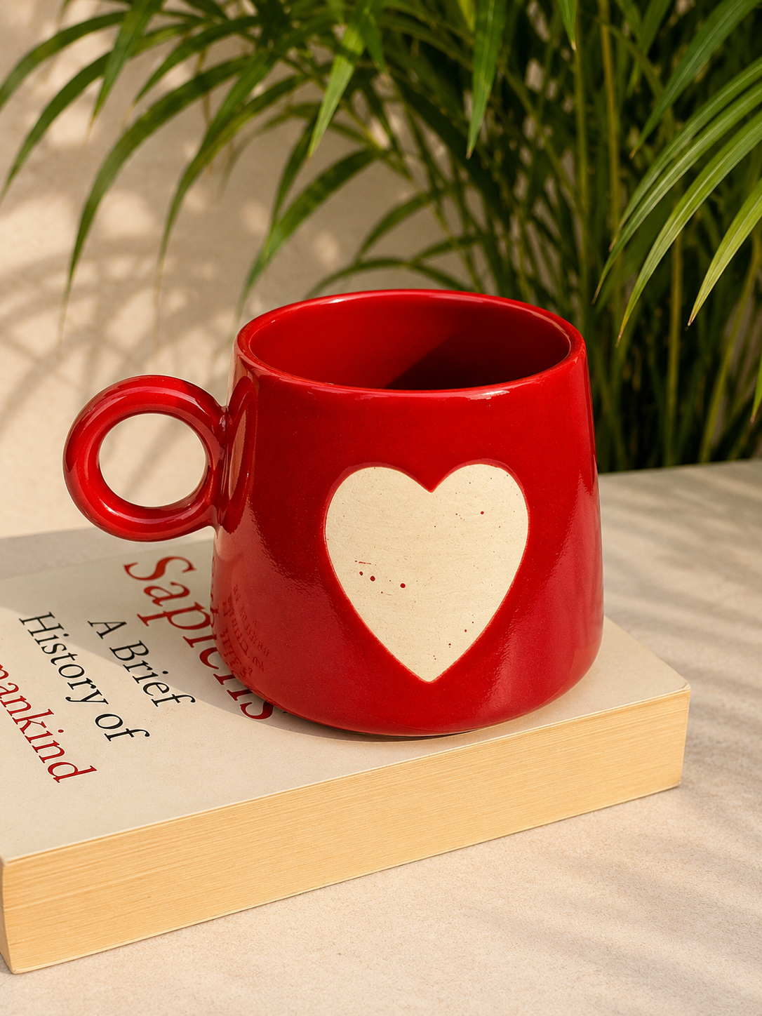 Narrow Heart Red Ceramic Mug with Saucer Set (Set of 2) - Angle 2 - Artisan Pottery Khurja