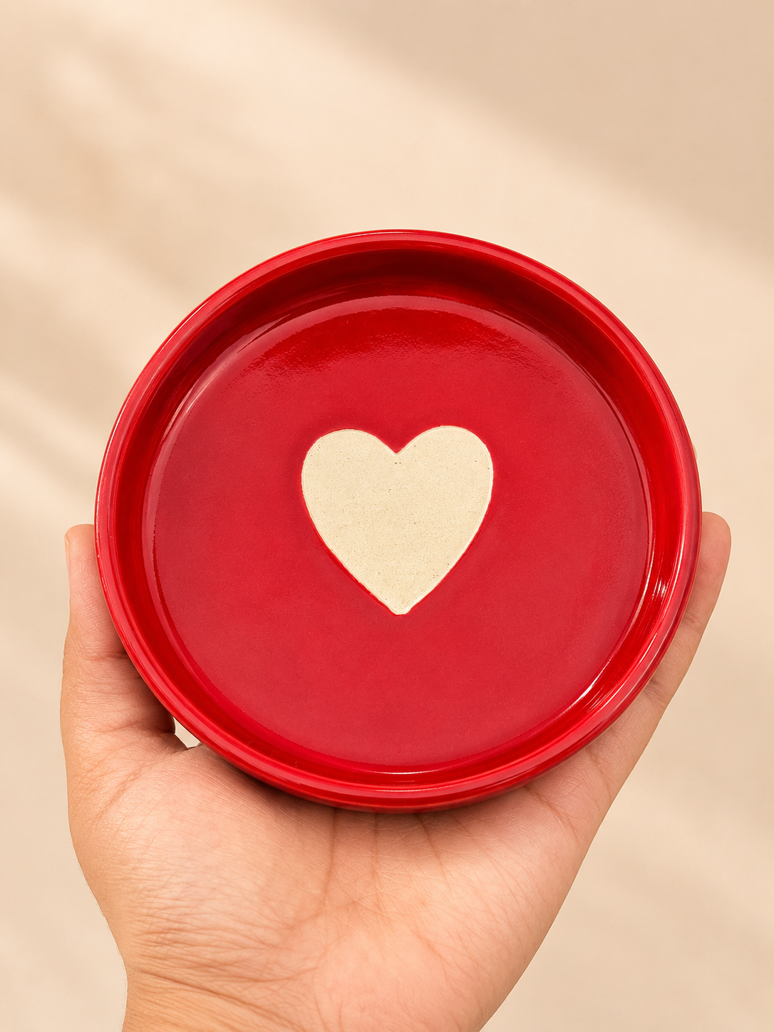 Narrow Heart Red Ceramic Mug with Saucer Set (Set of 2) - Angle 3 - Artisan Pottery Khurja